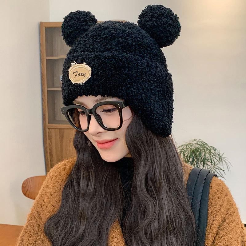 Cartoon bear plush thread warm hat women winter pullover ear protector knitted hat trendy face small cycling hat