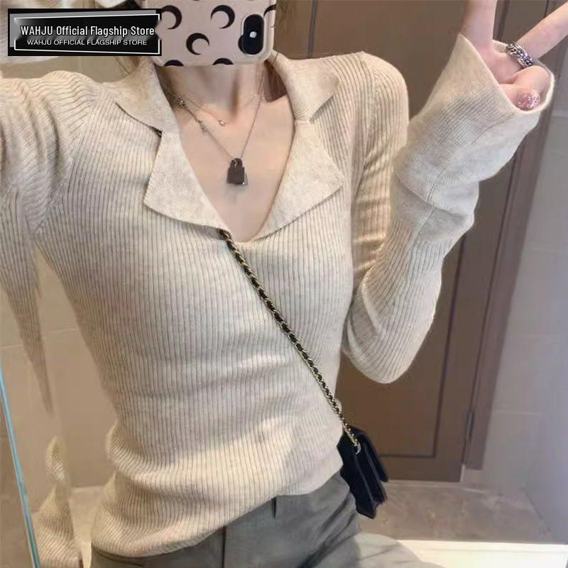 

Women s Slim Fit Ribbed Knit Collar Sweater - Autumn/Winter Korean Style S [Recommended 75-95 lbs]
