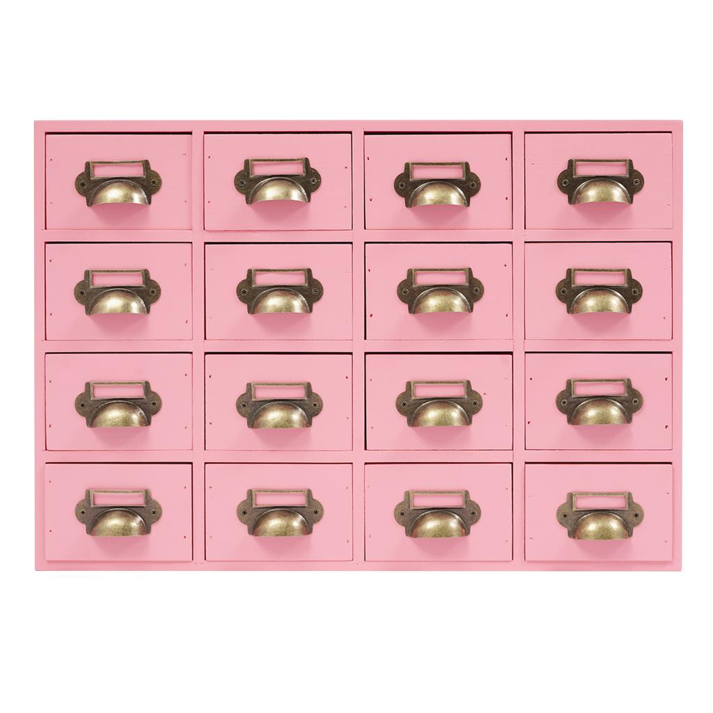 16-Compartment Drawer Storage Cabinet – Vintage Pink Solid Wood Desktop Organizer – 22 lbs Load Capacity