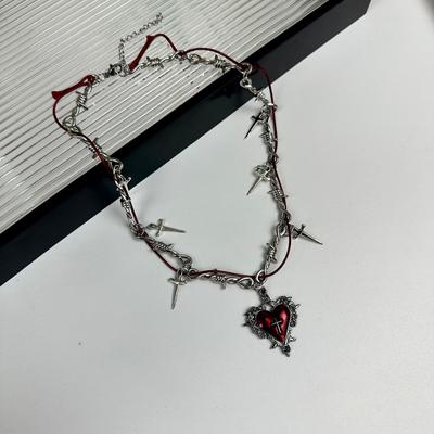 Hip Hop Y2K Heart Pendant Necklace for Women Girls Gothic Red Drip Oil Thorn Cross Choker Necklaces Party Jewelry Accessories