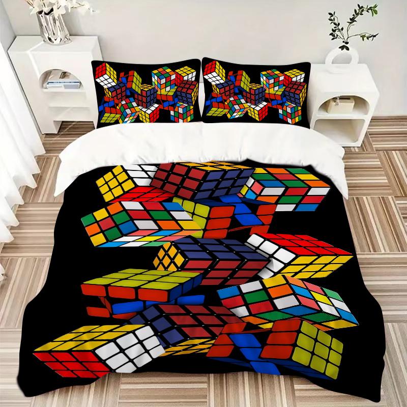 3Pcs Rubik'S Cube Puzzle Bedding Set Quilt Cover Pillowcase Home Christmas Xmas Halloween Gift 1 Duvet Cover 2 Pillowcase M92483