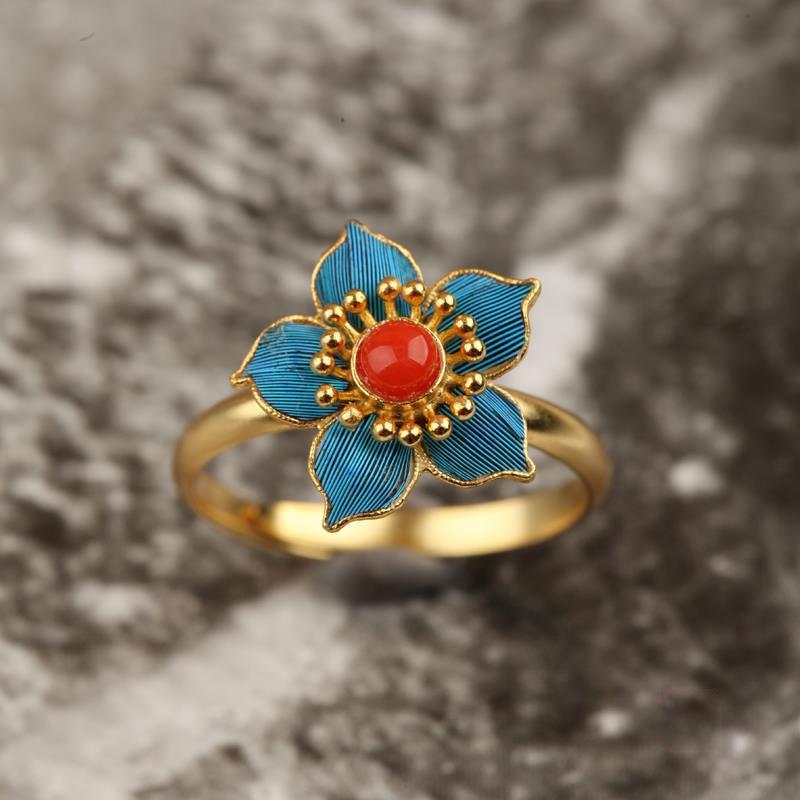 Natural South Red Tourmaline Flower Opening Ring Chinese Style Retro Palace  Unique Ancient Gold Craft  Jewelry