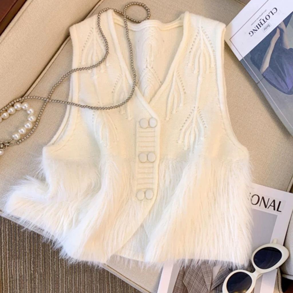 Women's Knitted Cardigan Vest V-neck Faux Mink Fur Patchwork Three-Dimensional Crochet Flower Tassel Waistcoat