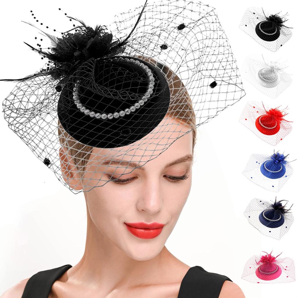 Women'S Head Flower Racing Ball Mesh Top Hat Feather Headwear Pearl Hair Accessories Fascinator Hats Tea Party Hat For Cocktail