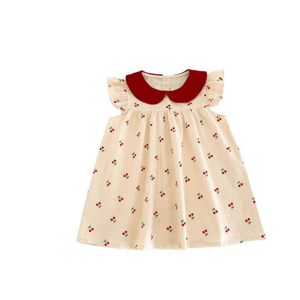 Summer Baby Girl Cherry Print Dress Sweet Peter Pan Collar Flutter Sleeve Princess Party Dress Cute Casual Sundress For Toddler