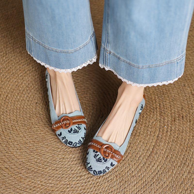 Mary Jane Shoes with Buckle Embroidered Slip-On Low Cut Ballet Flats Casual Women's Footwear Rubber Comfortable Summer