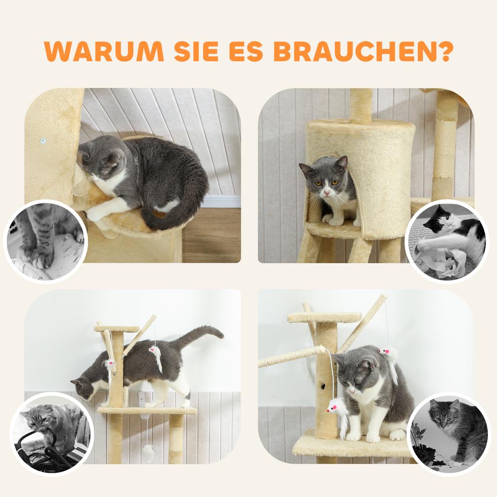 Multi-Level Cat Tower, 134cm Cat Tree with Condo and Sisal Scratching Posts for Indoor Kittens, Beige