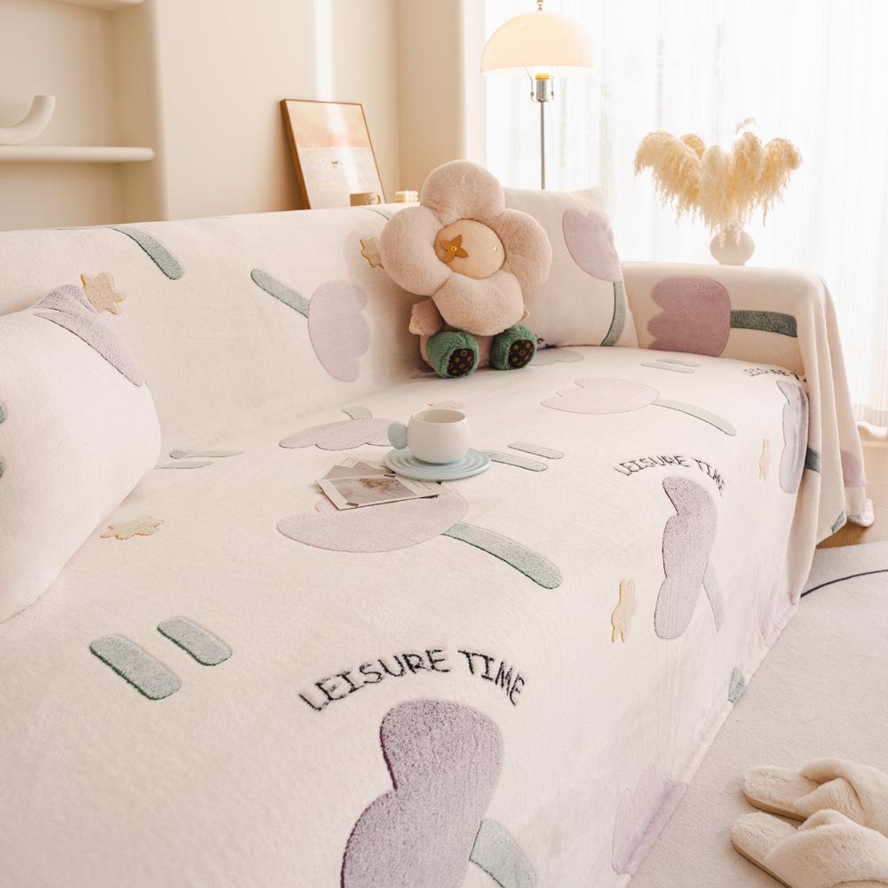 Fleece Sofa Cover Towel Winter Thickened Fleece Sofa Cushion Cartoon Style Leather Sofa Cover