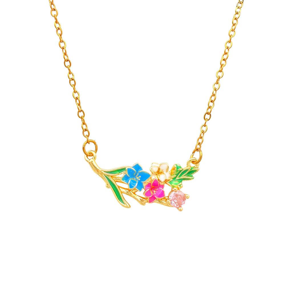 Necklace New Chinese Enamel Flower Branch Necklace Women's Summer Small Fresh Titanium Steel Necklace Fashion ins Clavicle Chain