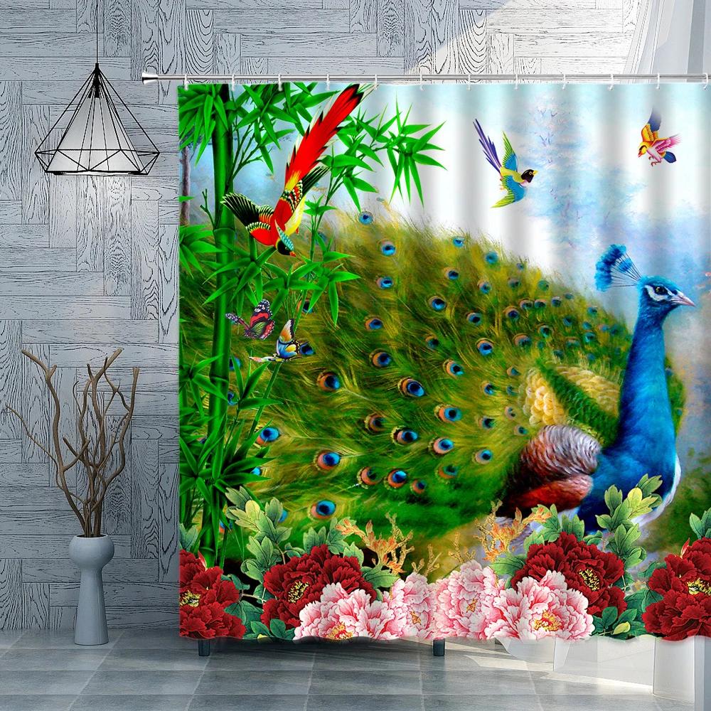 Peacocks Flower Shower Curtain Classical Oil Painting Scenery Peony Flower Birds Bathroom Curtain Bathroom Accessories Set Hooks