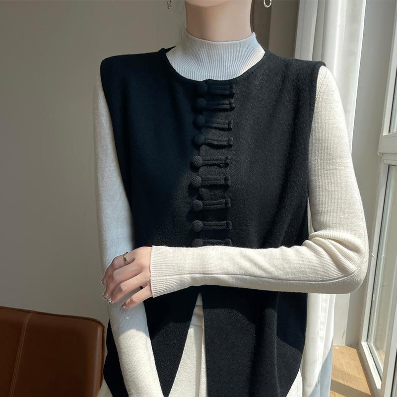 

Вязаный жилет с пряжкой в национальном стиле, женский кардиган, свободная безрукавка, верхняя одежда для осени и зимы, свитер с круглым вырезом 2XL