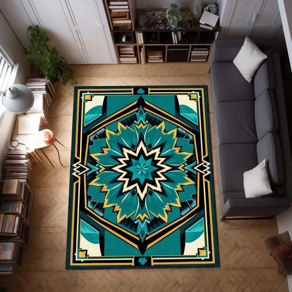 Blue Art Deco Area Rug Geometric Vintage Style Carpet Bold Glam Floor Mat for Modern, Elegant Rug Luxury Home Decor, Modern Rug