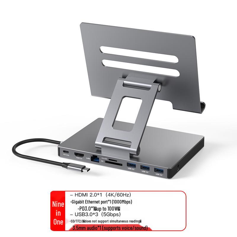 4K60Hz USB-C Docking Station with Gigabit Ethernet, USB 3.2 Splitter, Rotating Mobile/Tablet Bracket Expansion Dock
