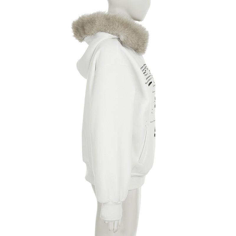 Vintage Streetwear Hoodie With Distressed Print Faux Fur Trim Unisex Oversized Dark Style