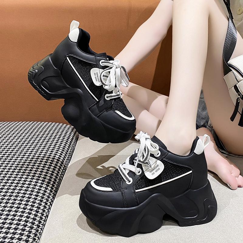 Fashion Women Walking Sneakers New Autumn Lace-up High Platform Chunky Shoes Breathable Mesh Shoes 9CM Wedge Heels Casual Shoes