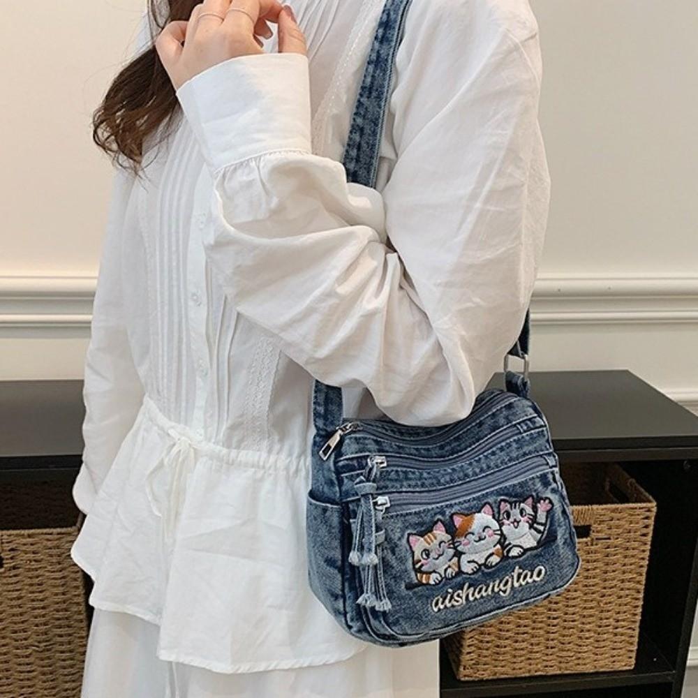 Washed Denim Crossbody Bag Adjustable Strap Messenger Bag Cat Embroidery Shoulder Bag Ladies