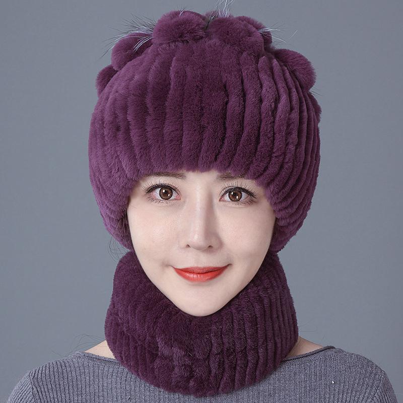 New Rex rabbit fur wool hat women's autumn and winter warm scarf fashion thickened ear protection flower suit tide