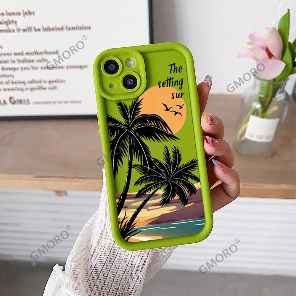 Europe and the United States list sunset coconut tree is suitable for Apple 16pro summer mobile phone case iPhone15 advanced silicone soft case