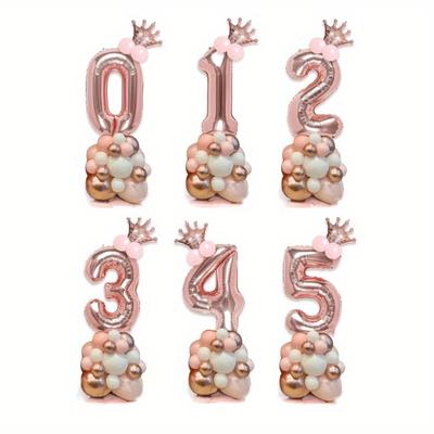 32-Inch Rose Gold Number 0-9 Balloons, Mini Rose Gold Crown, Birthday Party Decoration Supplies For 1st Birthday, Women Birthday