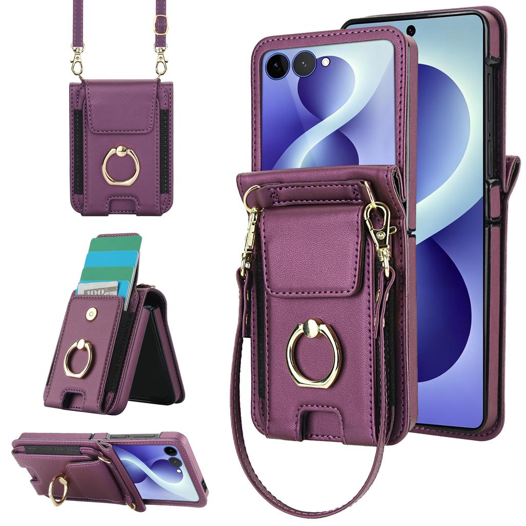 Borsa a tracolla con cordino lungo, porta carte, portafoglio, anello, custodia in pelle per Samsung Z Flip 8 7 6 5 4 3, antiurto, con supporto, cover sottile