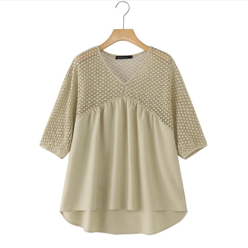 

ZANZEA Women Hollow Lace Patchwork V-Neck 3/4 Sleeve Loose Casual Blouse M хаки