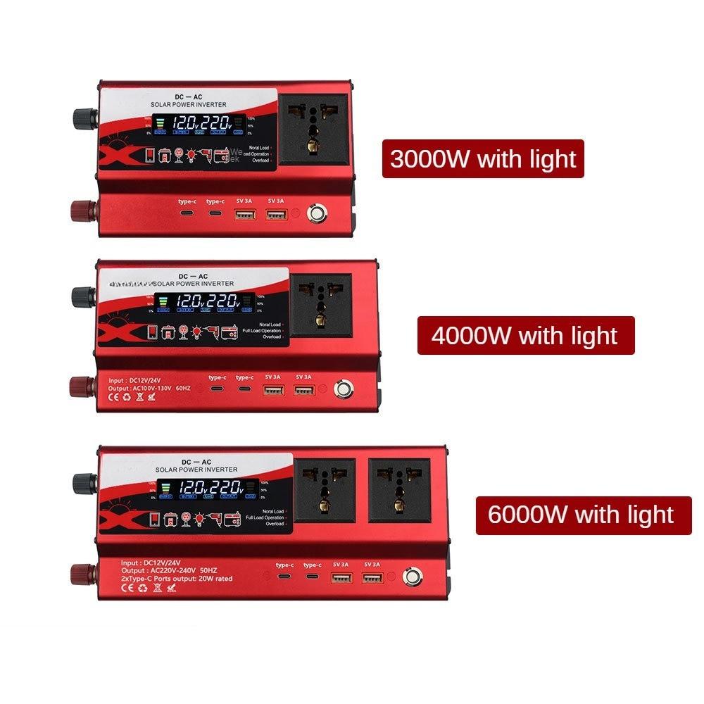 3000W/4000W/6000W Intelligent Display Power Inverter With Light High Power Portable Car Inverter Red Power Converter