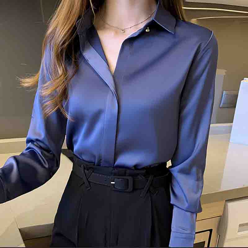 Neue Mode Herbst Langarm Frauen Hemd Drehen Unten Kragen Büro Dame Weiß Satin Bluse Shirt Frauen Tops J738