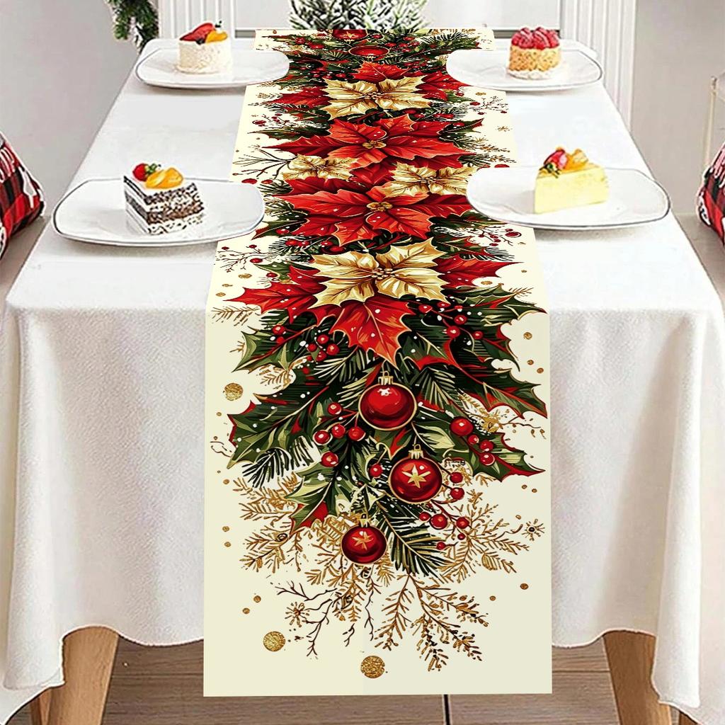 1pc Christmas Table Runner Retro Poinsettia Polyester Table Cover Christmas Decorations for Home 2026 New Year Party Supplies