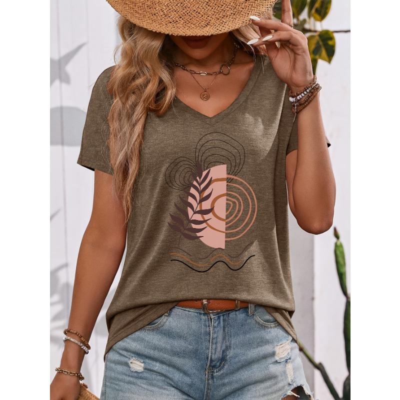 Bohemian Style Modern Abstract Nature Elements Illustration Pattern V-Neck Short Sleeve T-Shirt, Suitable for Outing And Leisure, Casual, Daily Wear