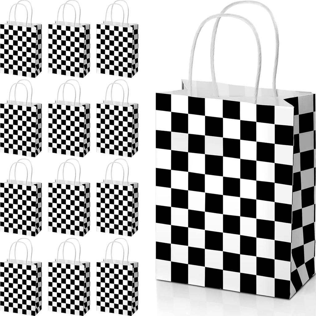 Gersoniel 24 Pieces Checkered Race Treat Bags White Black Checkered Bags Racecar Themed Candy Containers Plaid Kraft Paper Race Car Party Favors
