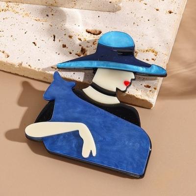 Acrylic Lady with Hat Brooch Large Coat Badge Cute Women Portrait Pin  Clothing Accessories