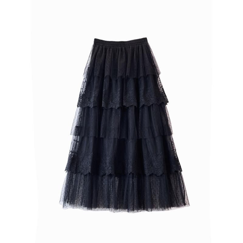 

French lace splicing skirt fairy gauze skirt summer new umbrella skirt medium and long embroidered cake skirt One size fits all чёрный