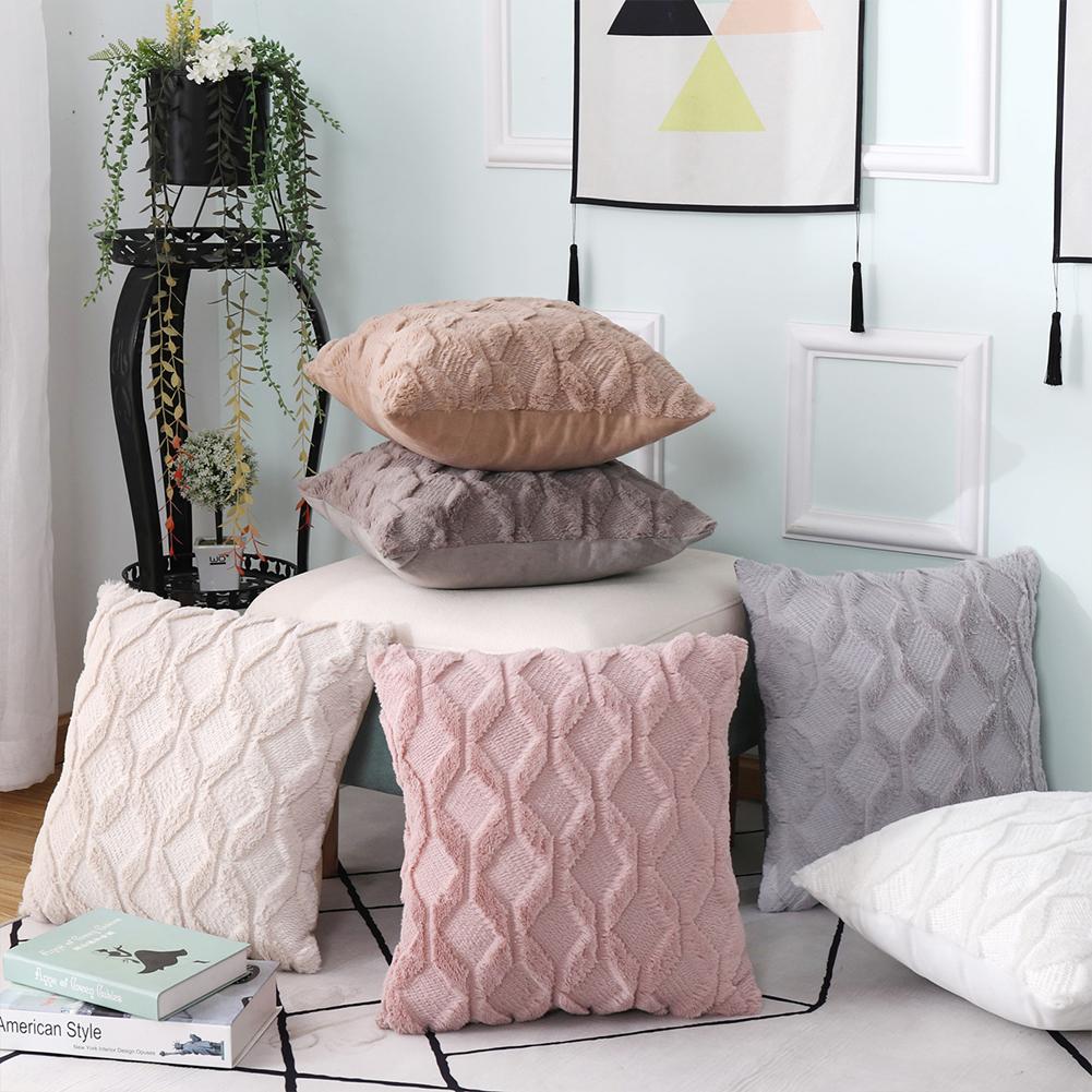Plush Pillowcase Rhombus Geometric Embroidered Pattern Simple Solid Color Home Car Winter Sofa Cushion Cover 40x40cm/50x5cm
