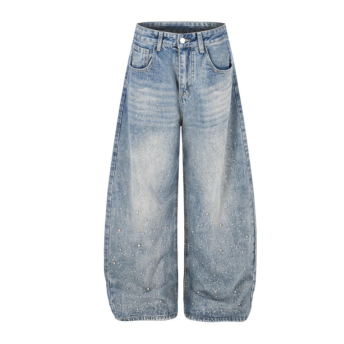 European and American scimitar pants retro loose jeans hot diamond personalized fashionable wide-leg pants men S