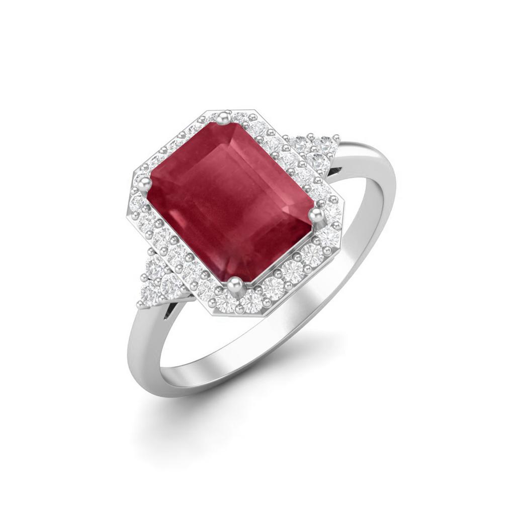 7X5MM Octagon Shape Ruby 925 Sterling Silver Solitaire Trio Accents Wedding Rings For Womens