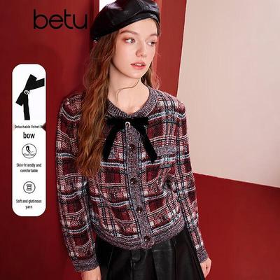 Betu Women's Plaid Knit Cardigan with Detachable Velvet Bow