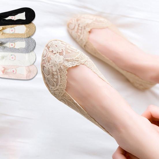 5 Paar Damen Spitzensocken Kurz geschnitten Flach Unsichtbar Hohe Absätze Füßlinge Einfarbige Hohe Elastizität Anti-Rutsch Schweißabsorbierend Schrumpffest