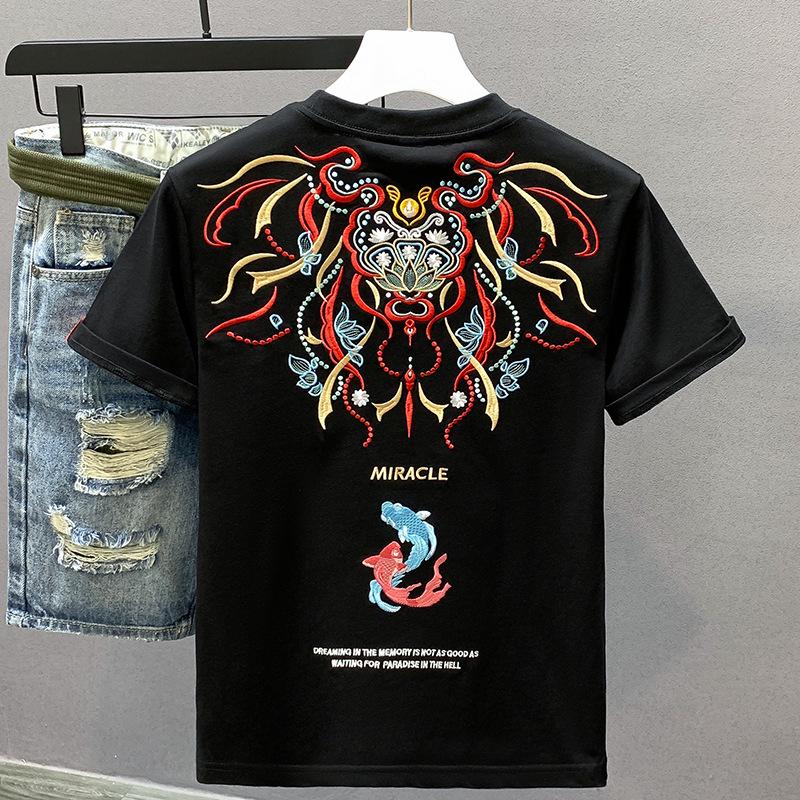 

2026 Summer Men s Ethnic Style Embroidered Cotton Crew Neck T-shirt XL чорний