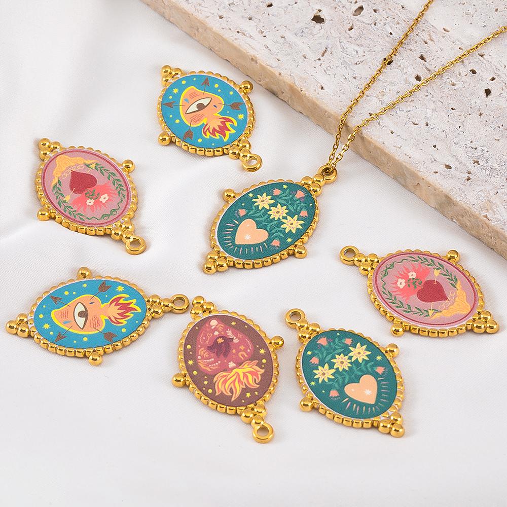 2pcs Stainless Steel Charms Heart Printed Stainless Steel Pendants Gold Plated Enamel Eye Charm Making Necklace Jewelry Making