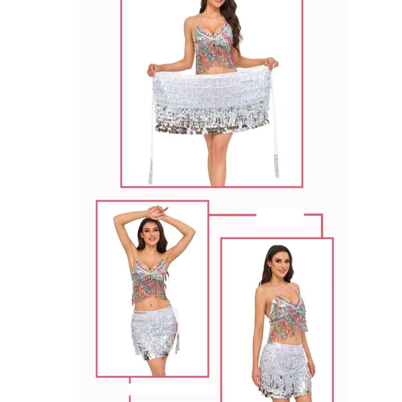 Belly Dance Hip Scarf Laces Up Sequins Skirt Sparkles Wrap Skirt Bellydance Costumes for Halloween Raves Party Clubwears