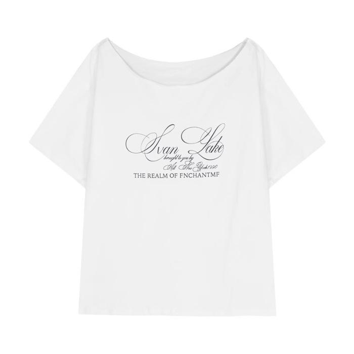 

No sale #Spice Girl white letter print short-sleeved T-shirt women s summer lazy design diagonal neck off-the-shoulder top S