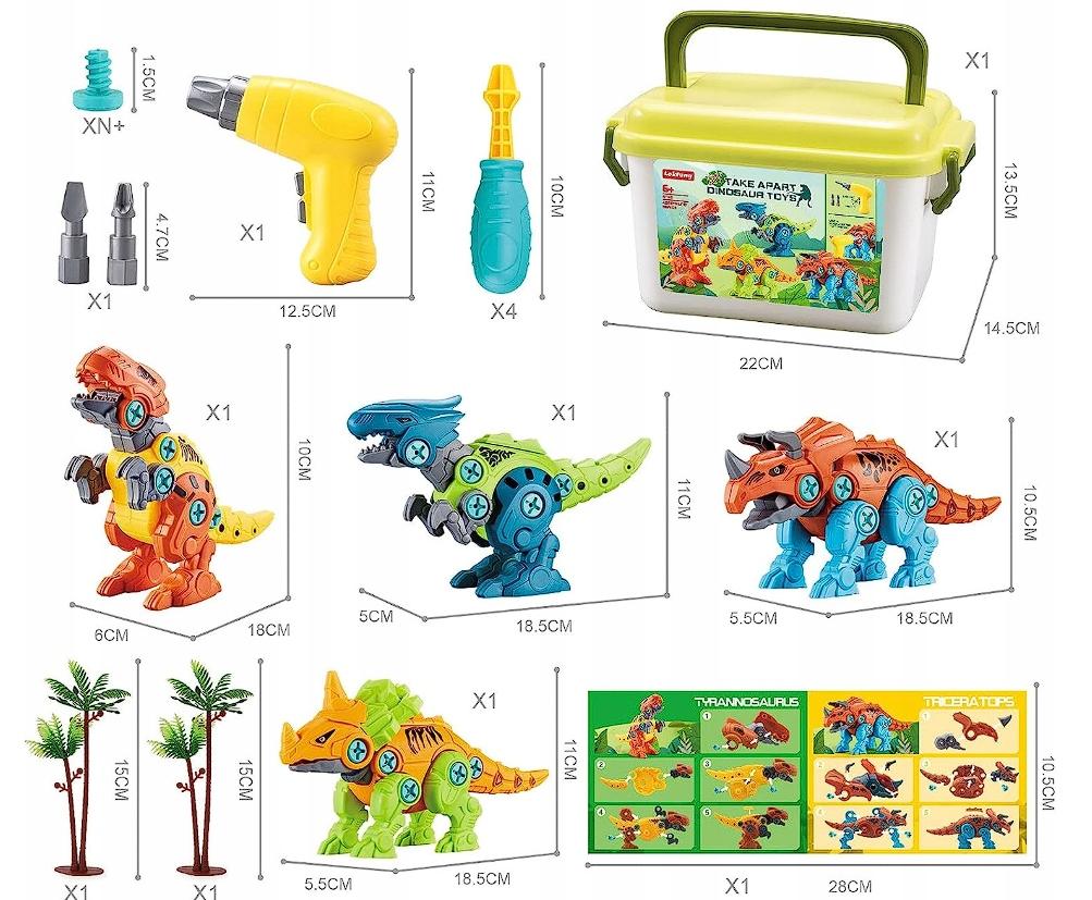 Klocki Konstrukcyjne Dinozaury Do Skręcania 4w1 Zestaw z Wkrętarką Walizką