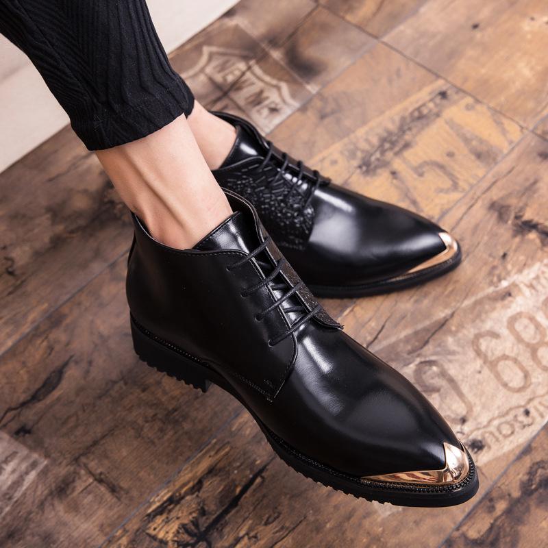 Leather Men Shoes Boots High Boots Metal Pointed Toe  Shoes Men