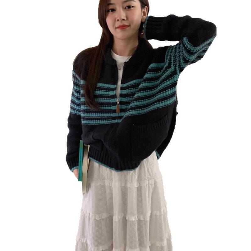 Women's knitted cardigan striped contrasting colors loose lazy wind sweater women's new long-sleeved autumn top coat