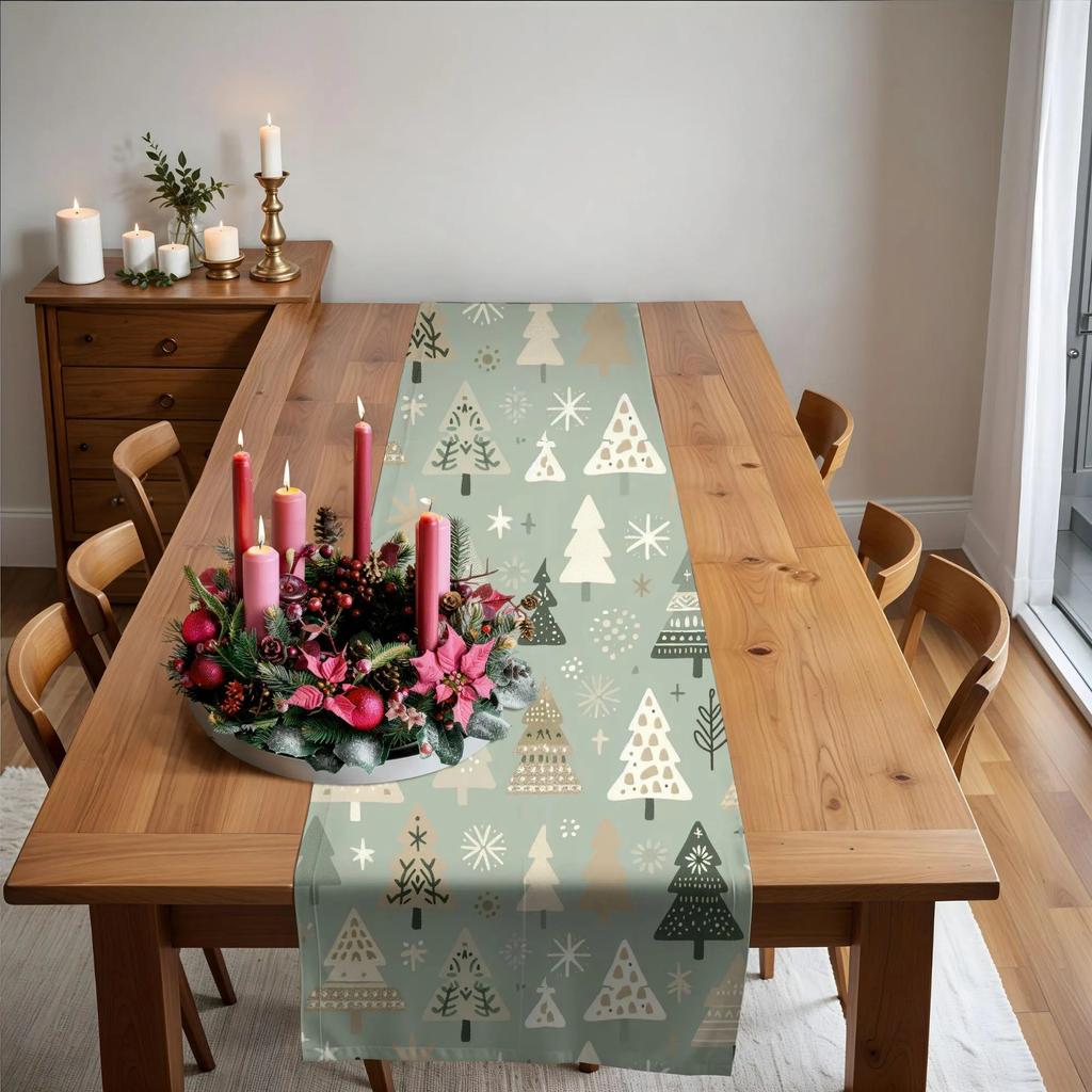 Sage Green Christmas Tree Table Runner - Boho Scandinavian Style Holiday Decor, Soft Linen Feel For Dining Table Christmas Party