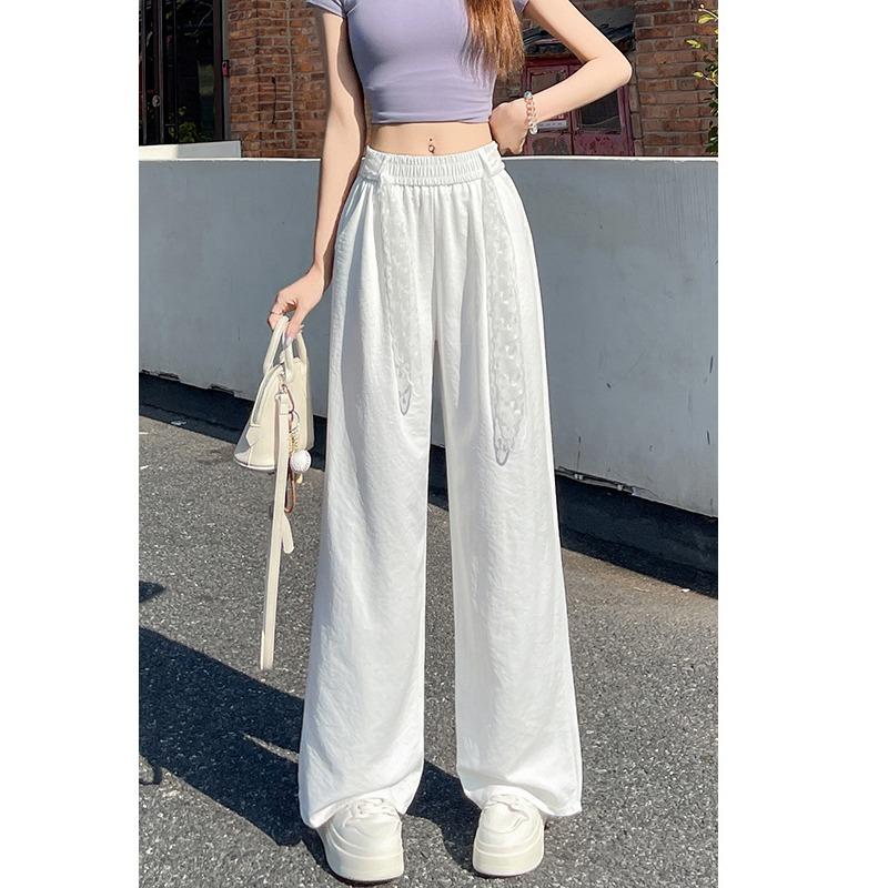Lace Belt Wide-leg Pants for Women In Summer Ice Silk Cotton Linen High Waist Slimming Casual Lazy Straight-leg Pants