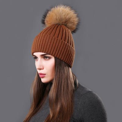 Autumn Winter Hat Fashion Women Beanies Raccoon Fur Pompom Hats Casual Warm Knitted Wool Cap For Female Girls