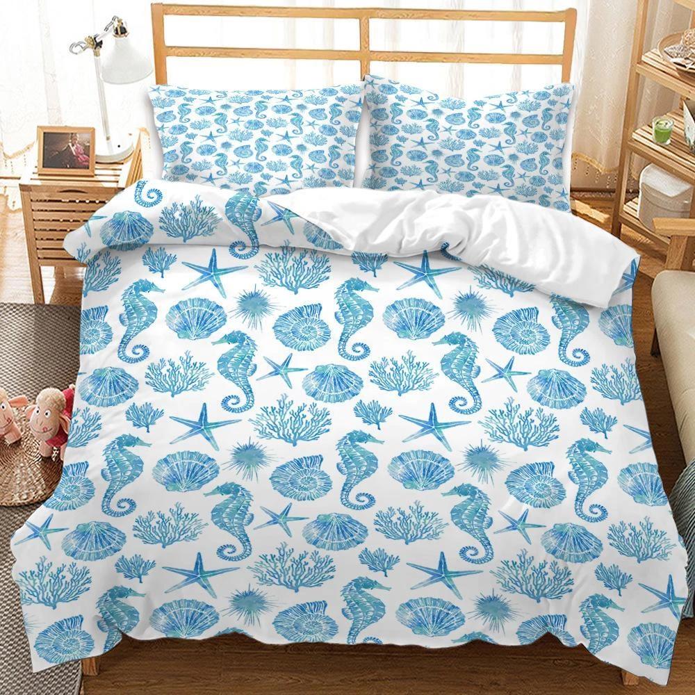 

Marine Life Bedding Set Blue Seahorse Duvet Cover Queen King Single Duvet Cover Pillowcase 2/3pc Kid Gift Soft Bedroom Decoration DE 100x135cm