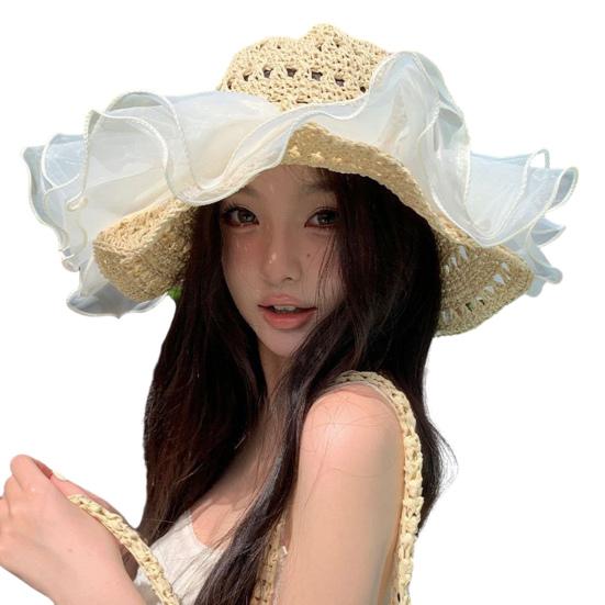 Women Straw Hat Wide Brim Breathable Straw Weaving Hat with Colorful Beads Decor Flexible Edges Sun Hat