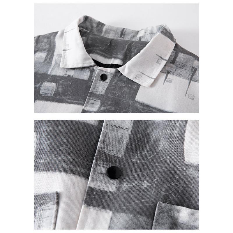 Men's Abstract Plaid Print Jacket Turn-Down Collar Button Down Oversized Streetwear Coat